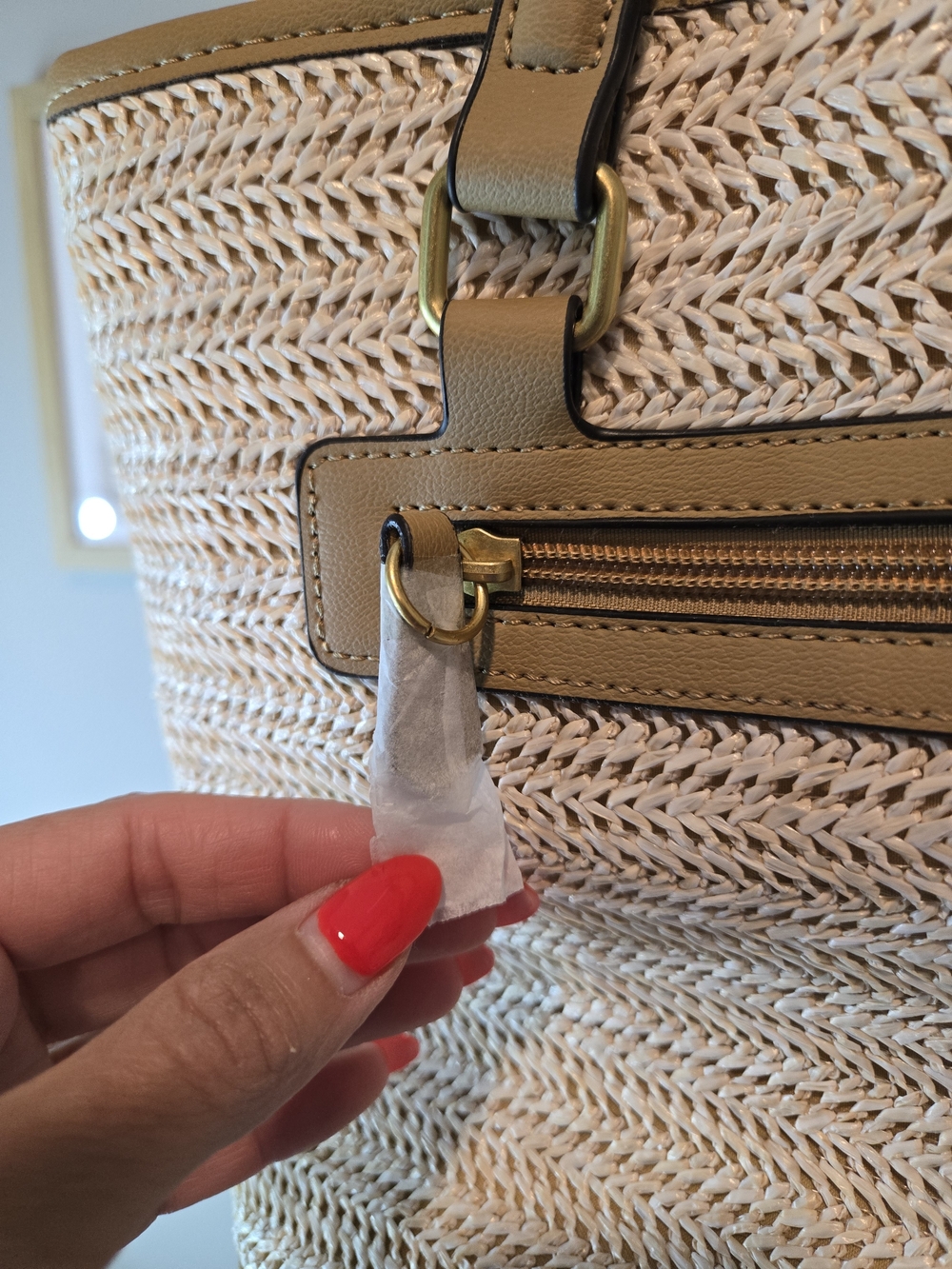 Style & Co. Natural Straw Tote with Tan Trim and Zip Pocket - Picture 4 of 16